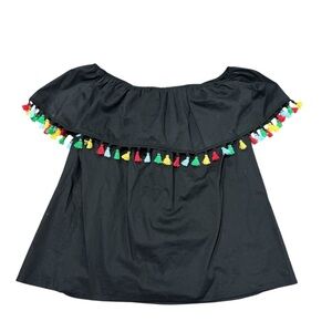 BLVD Off the Shoulder Multicolor Tassle Black Top Size Large